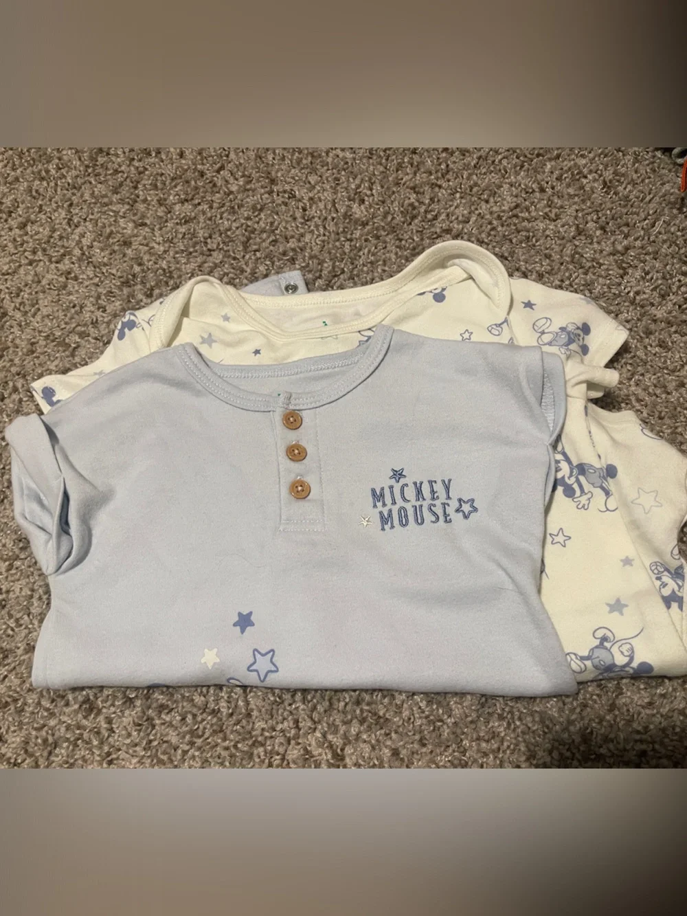Baby Mickey Print White & Light Blue One-Piece Romper AND Blue Mickey Romper